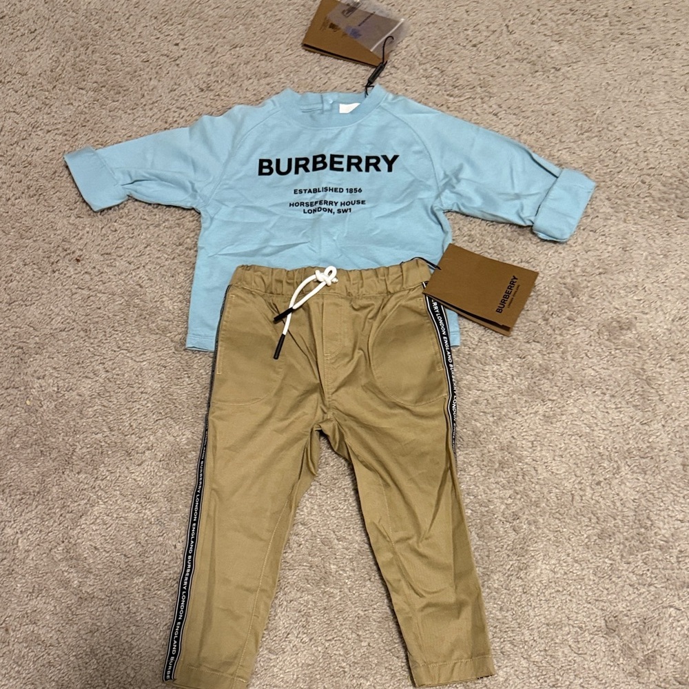 Burberry Kids Tan Casual Pants and Powder Blue Shirt